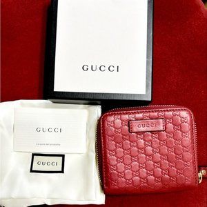 GUCCI MICRO Ss GG Logo Leather Zip Around Burgundy /red Compact Wallet. EUC
